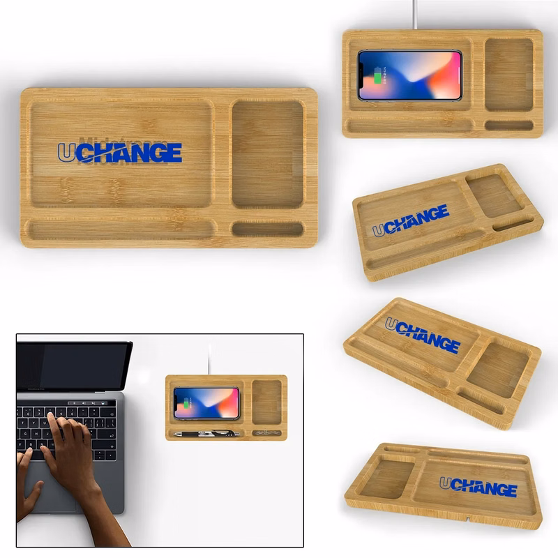 Bamboo Wireless Charging Desk Tray Organizer 15W