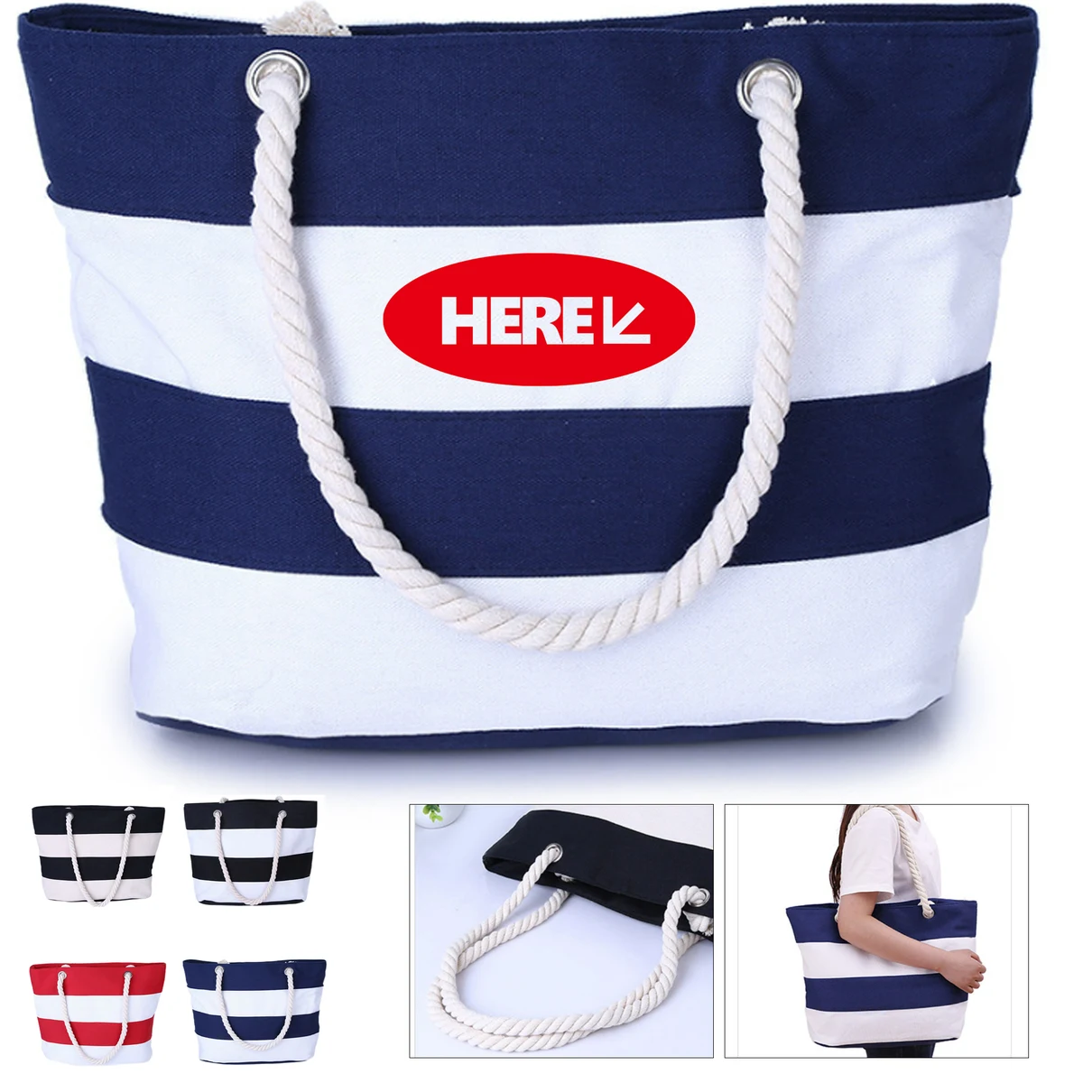 Canvas Striped Shopper Tote, custom tote bag with logo imprint 1
