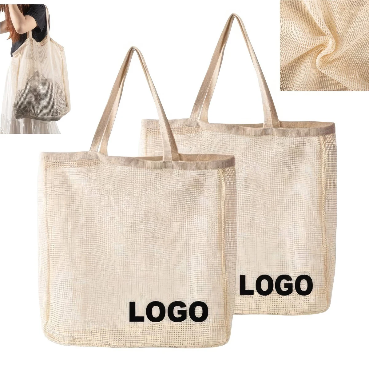 Custom Cotton Net Shopping Bags, custom tote bag with logo imprint 1