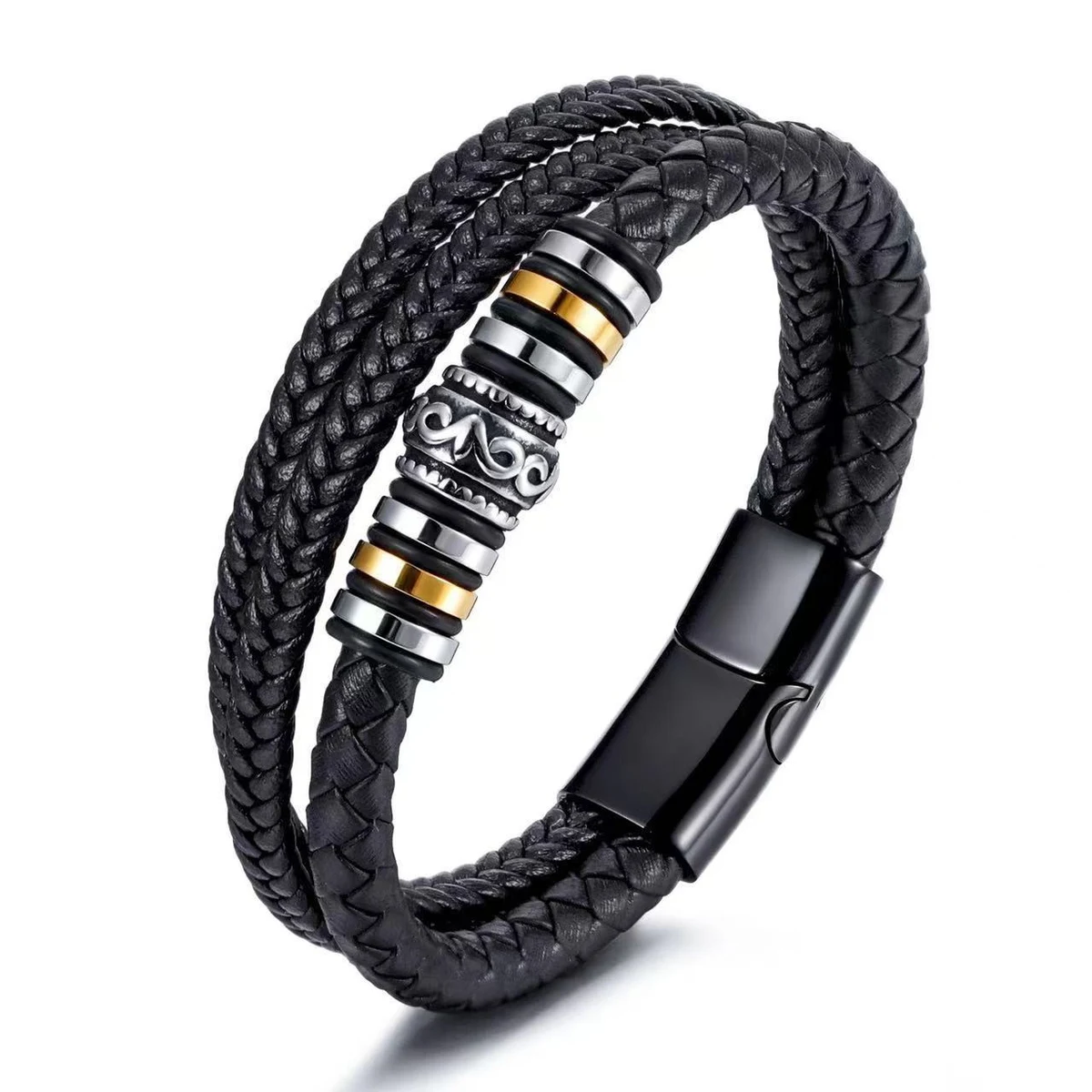 Multi-Layer Braided Leather Bracelet with Clasp 1
