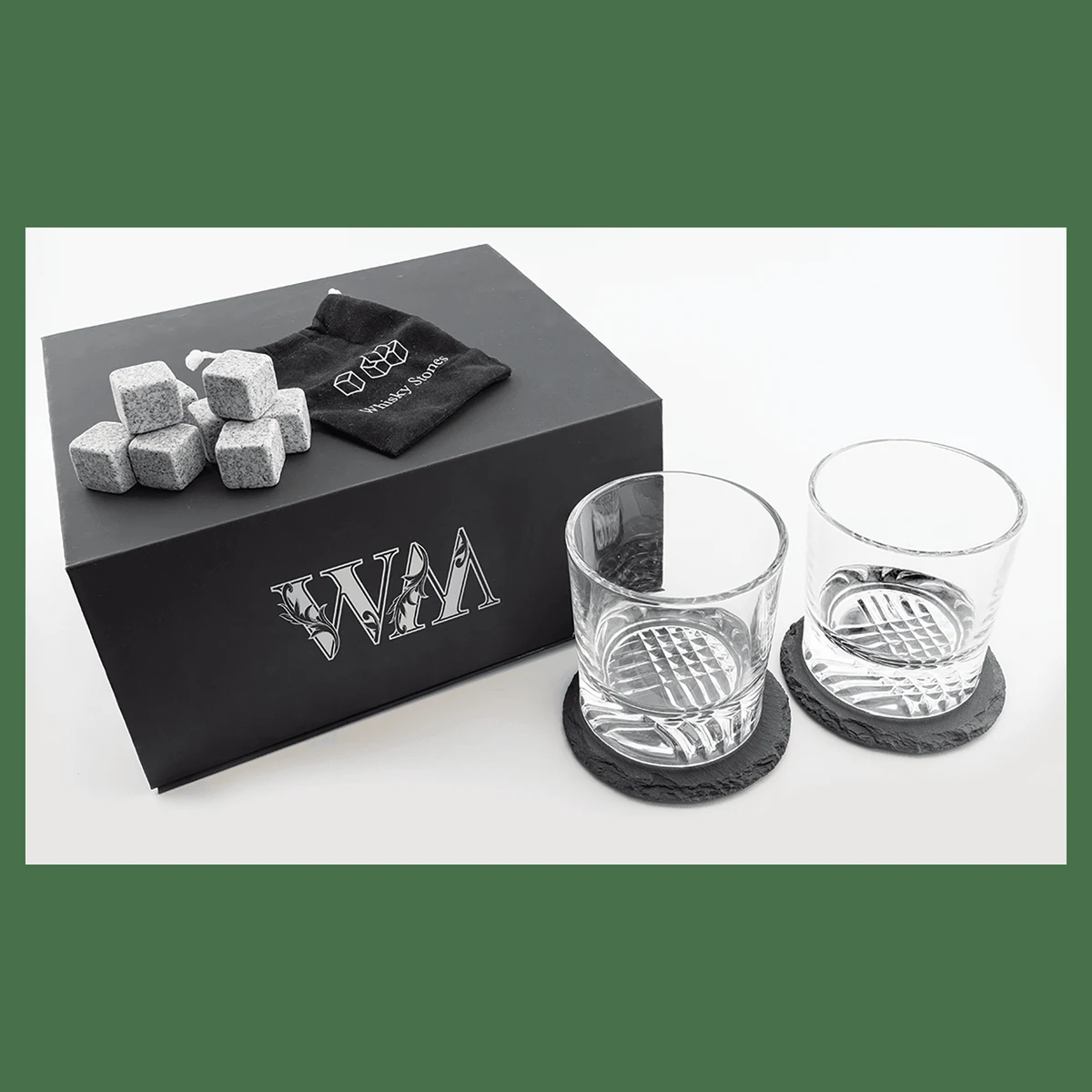 Lazerburst 4" 9 oz Black Whiskey Set with Two Glasses, Two Slate Coasters, and Eight Granite Whiske 1