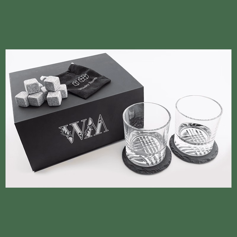 Lazerburst 4" 9 oz Black Whiskey Set with Two Glasses, Two Slate Coasters, and Eight Granite Whiske