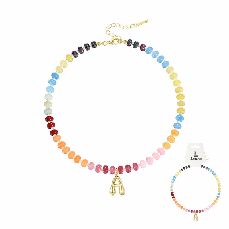 14K Letter Pendant Necklace Colorful Beaded Choker