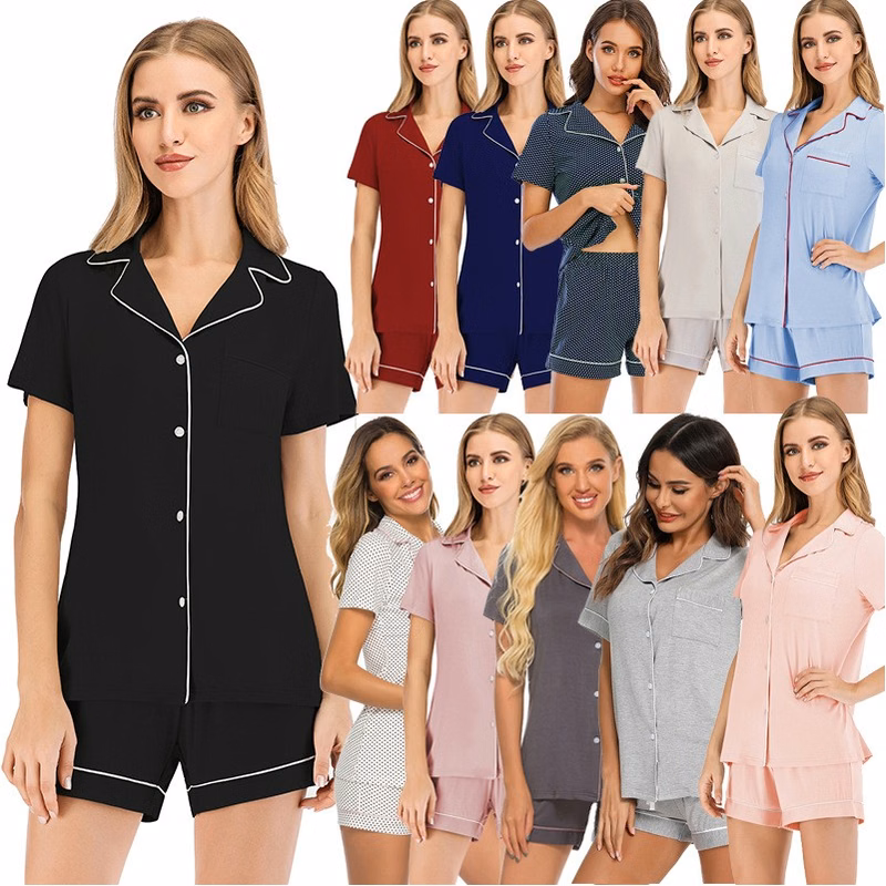 Women'S Notch Collar Short Sleeve Sleepwear Two Piece