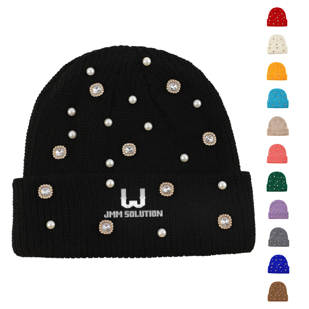 Pearl Rhinestone Decor Acrylic Knit Beanie Hat 1