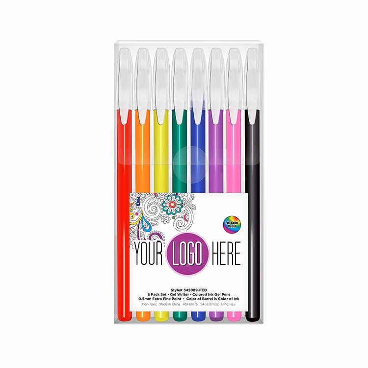 8ct Gel Writers™ - 0.5mm Extra Fine Point Gel Pens in Clear Plastic Box with Full Color Deca