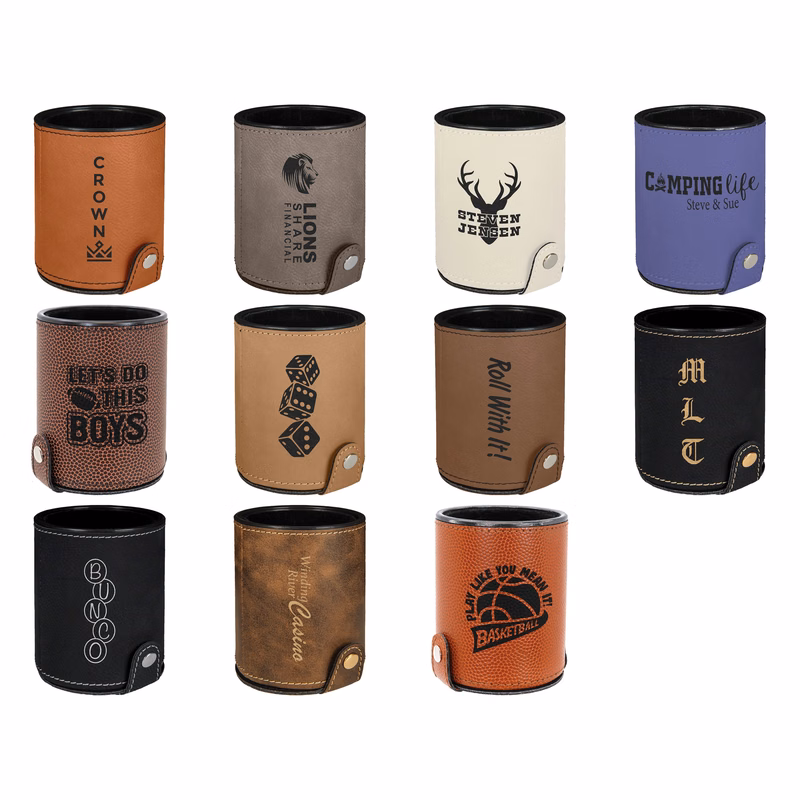 4" Laserable Leatherette Dice Cup with 5 Dice, Velvet Lined Interior