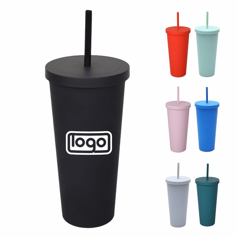 Custom 24oz Double Layer Plastic Cup W/ Straw