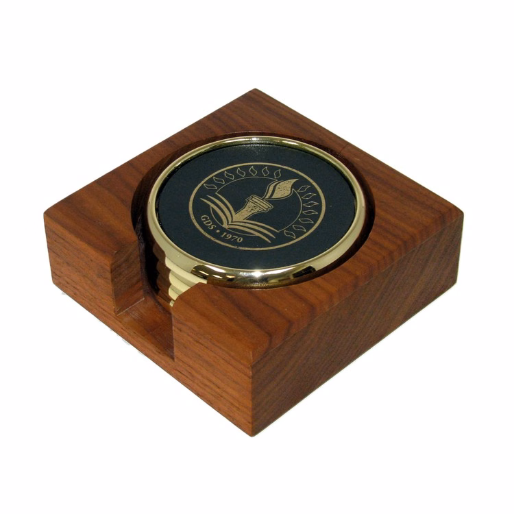 Metal & Leather Coaster Set in Wood Holder