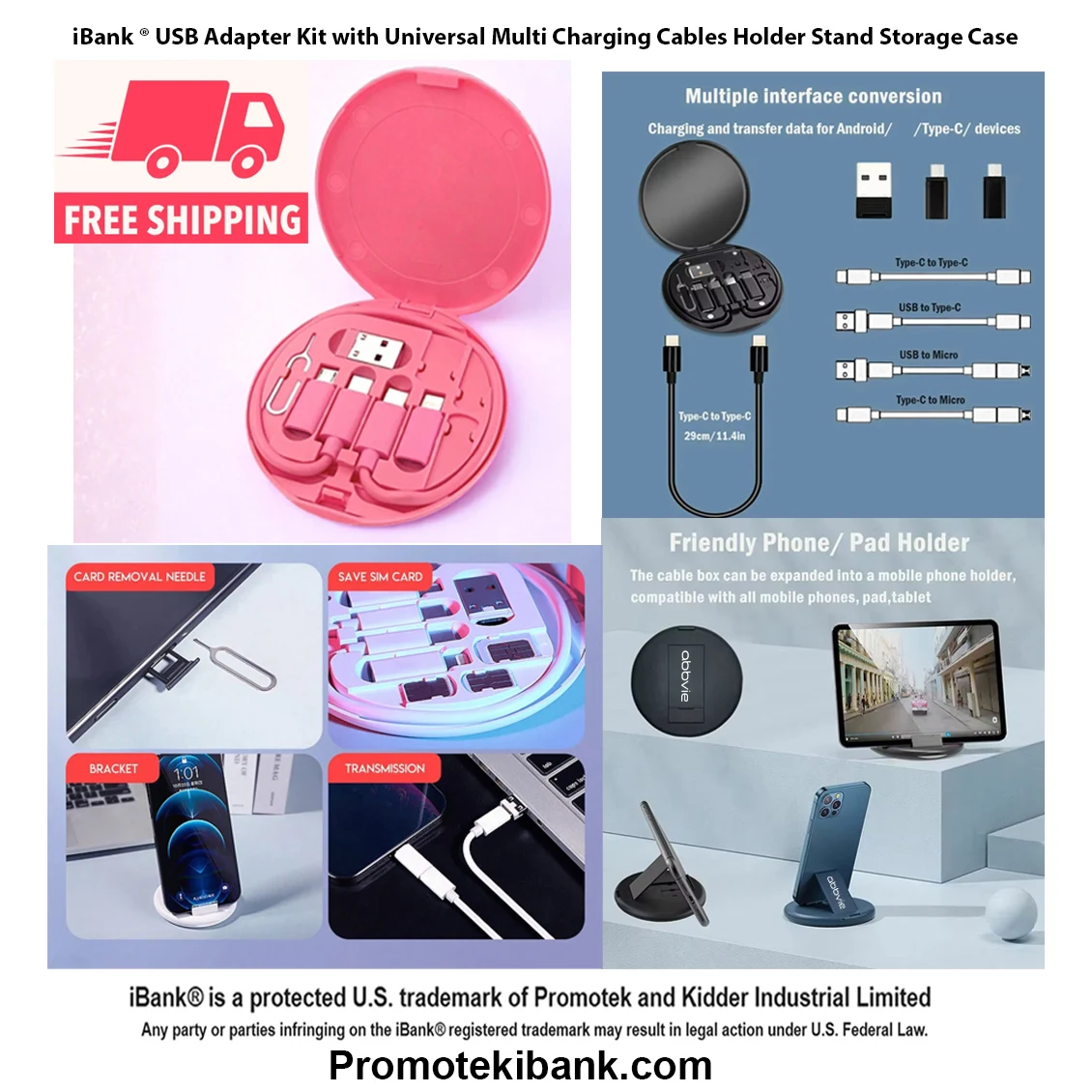 iBank ® USB Adapter Kit with Universal Multi Charging Cables Holder Stand Storage Case. Free Shippin 1
