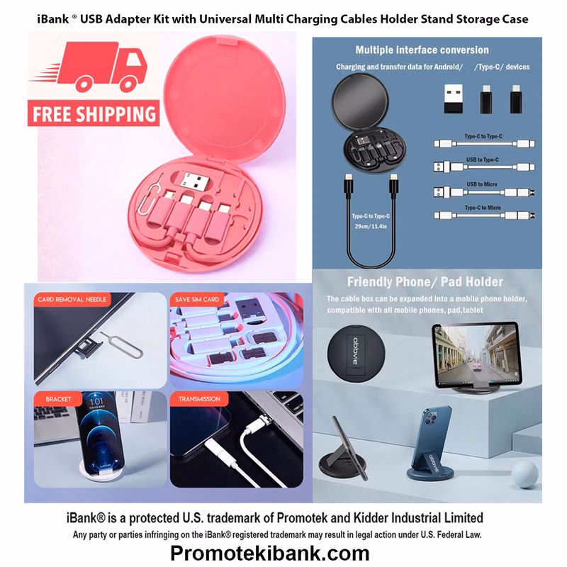 iBank ® USB Adapter Kit with Universal Multi Charging Cables Holder Stand Storage Case. Free Shippin