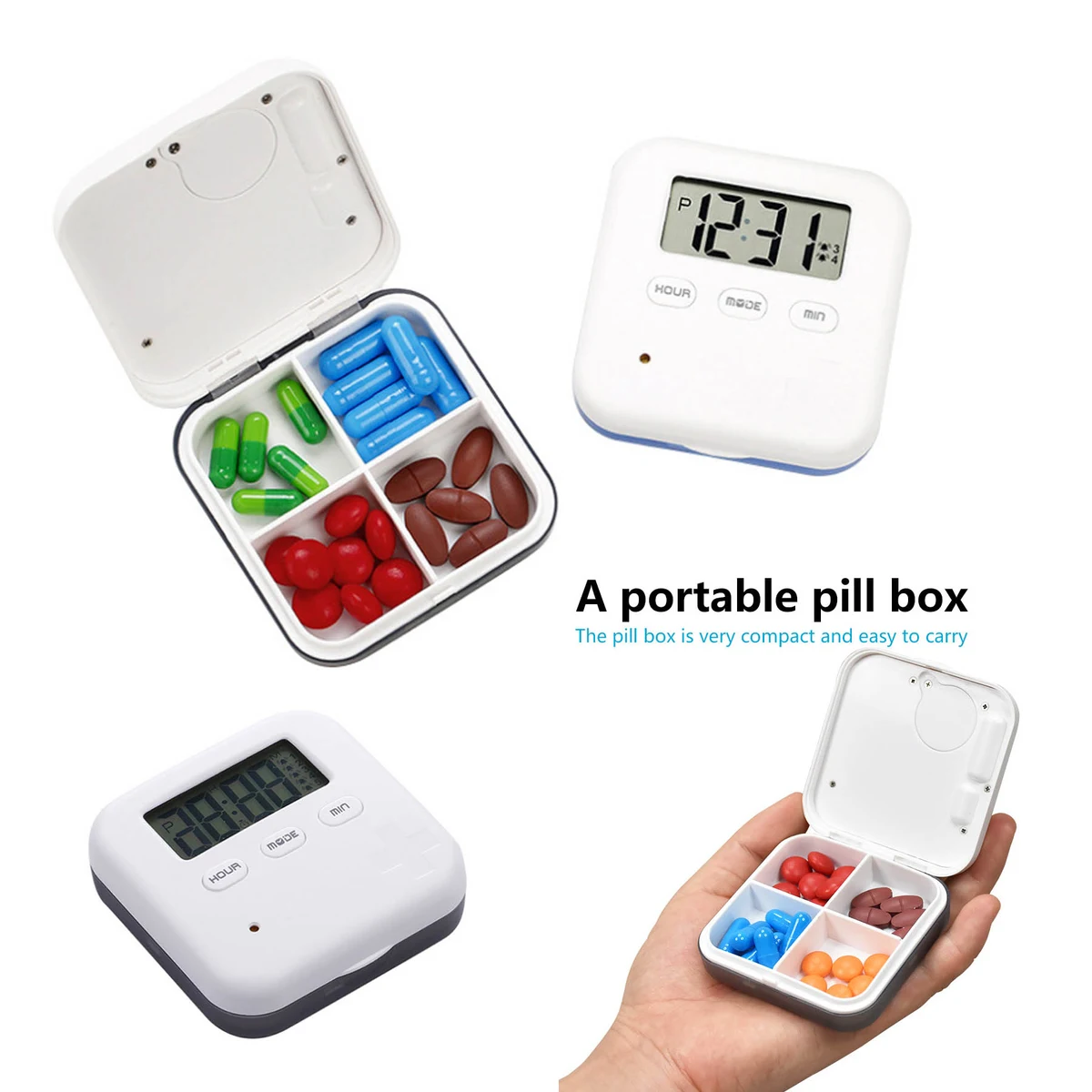 Electronic Timing Portable 4 Compartment Pill Box With Alarm 1