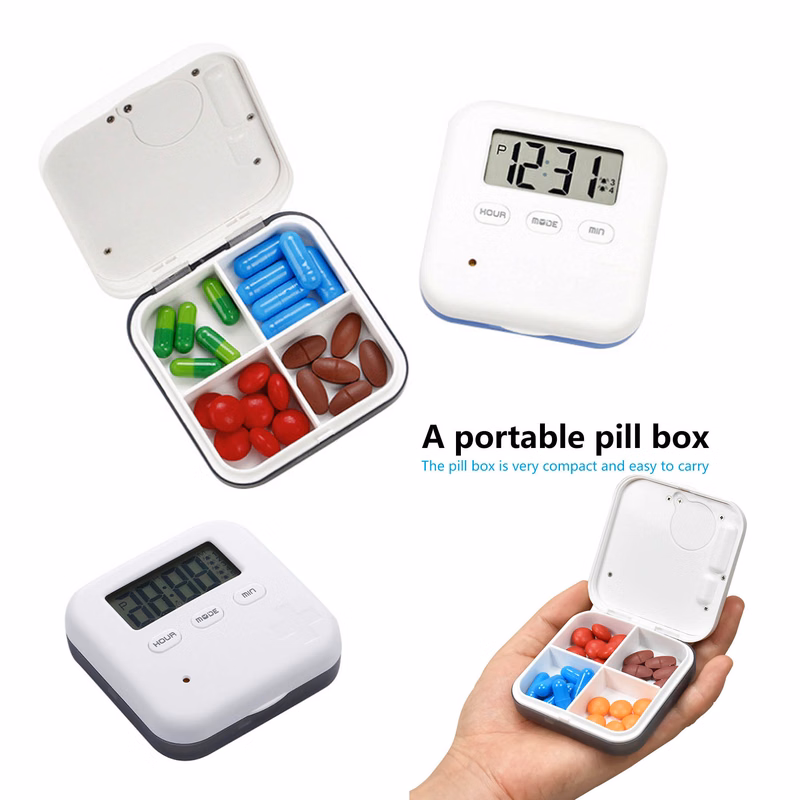 Electronic Timing Portable 4 Compartment Pill Box With Alarm