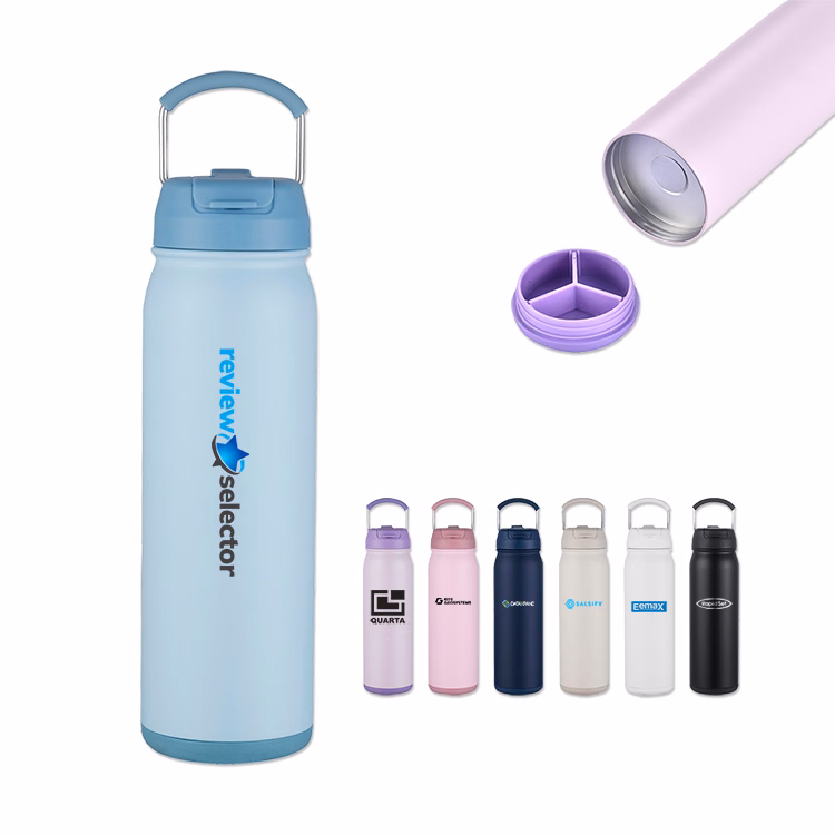 24 Oz Stainless Steel Vacuum Bottle with Easy Carry Handle and Dual Use Lid