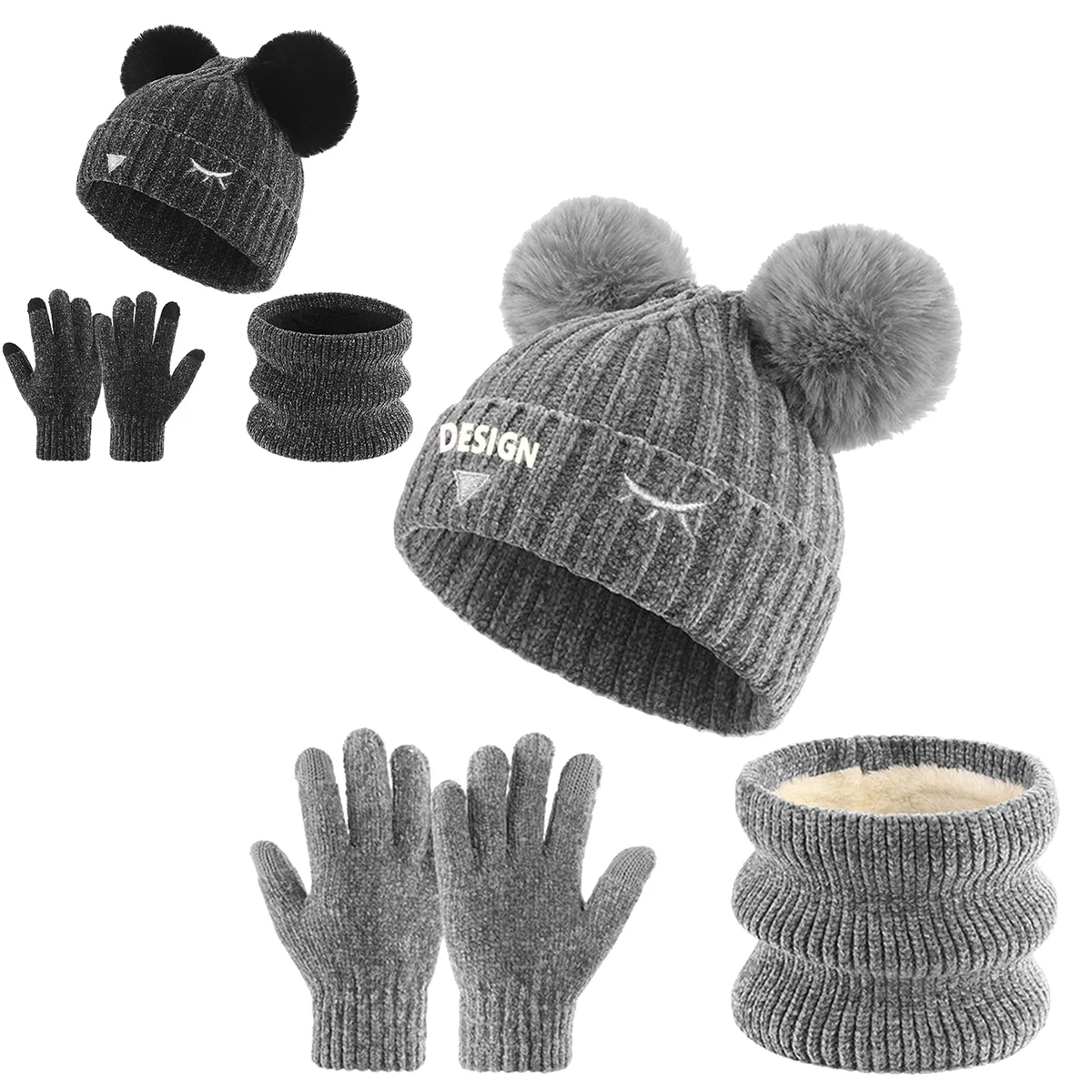 Kids' 3-Piece Winter Velvet Warm Knit Hat, Scarf & Glove Set 1