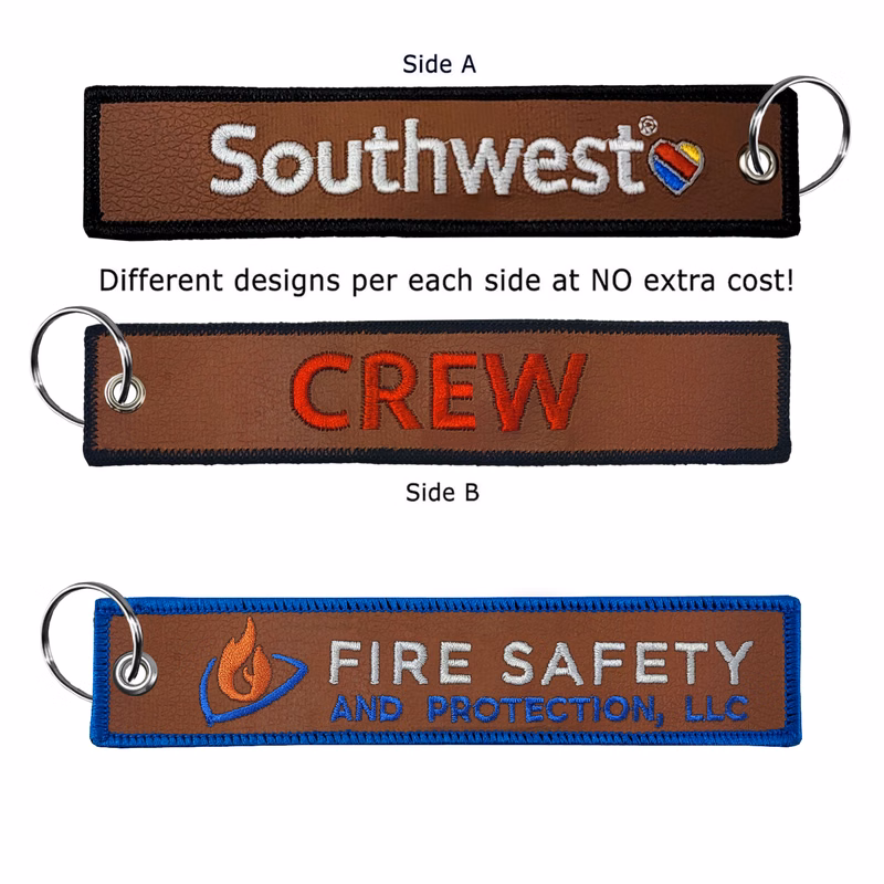 1 ¼" x 6 ¼" Two Sided Embroidered Big Size Faux Leather Key Ring