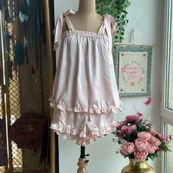 Silk Ruffle Ribbon Tie Tank PJ Sets for Bridesmaids 1