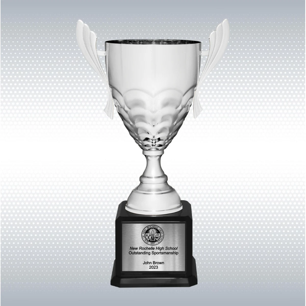 21" Silver Completed Metal Cup Trophy on Black Royal Piano Finish Base 1