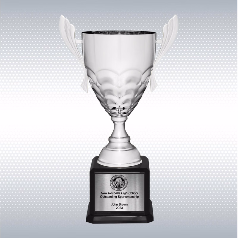21" Silver Completed Metal Cup Trophy on Black Royal Piano Finish Base