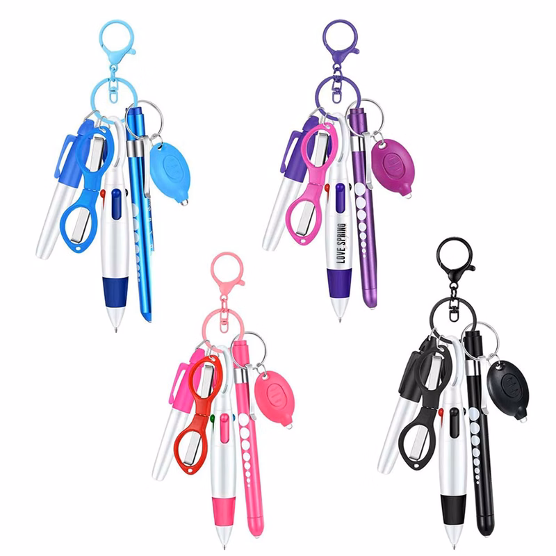 Ballpoint Pen Set with Flashlight Foldable Scissors Keychain