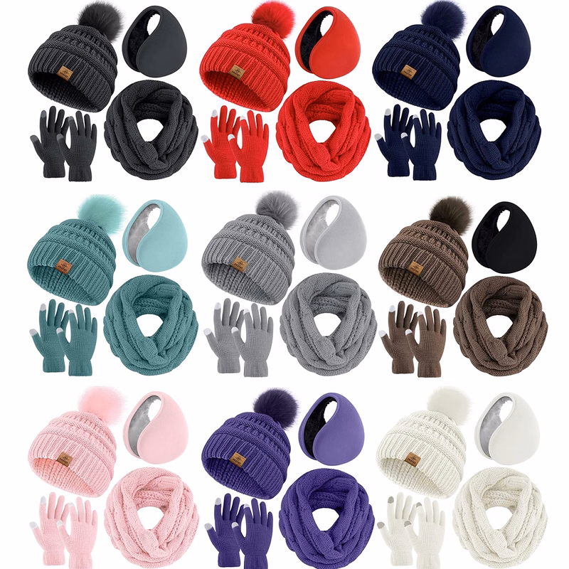 Winter Warm Set Knitted Scarf Beanie Hat Touchscreen Gloves