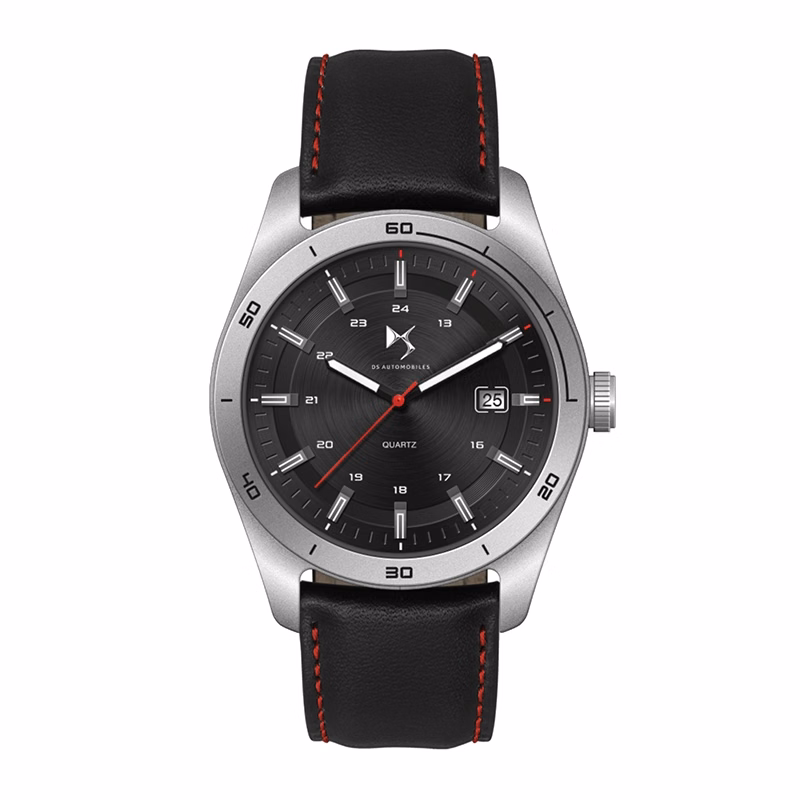 Watch Creations 42MM STEEL MATTE SILVER CASE, 3 HAND MVMT, BLACK DIAL, DTE DISPLAY, LEATHER STRAP, FLAT MINERAL CRYS