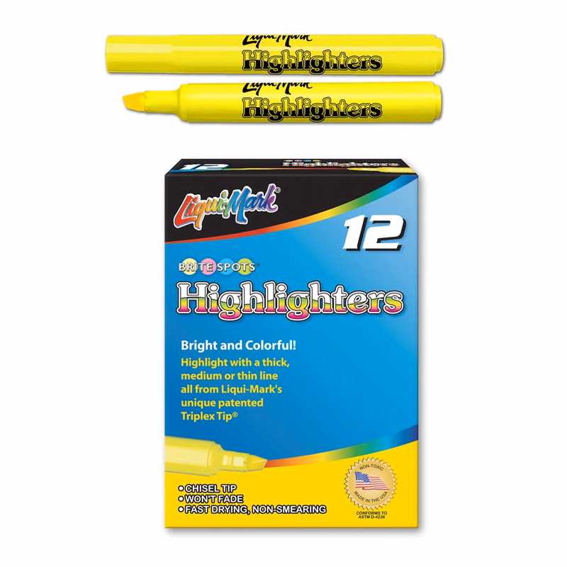 Highlighters - 12 Count Fluorescent Yellow Chisel Tip