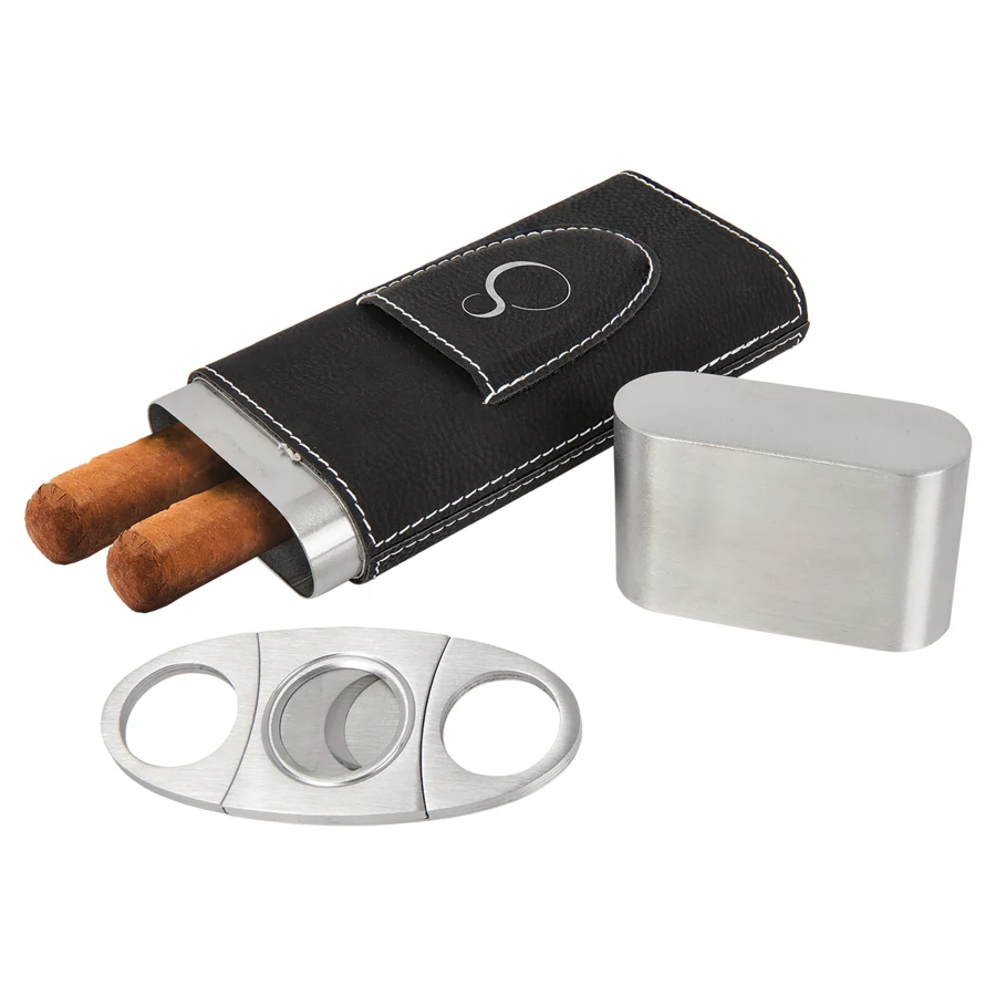 Black/Silver Leatherette Cigar Case with Cutter 1