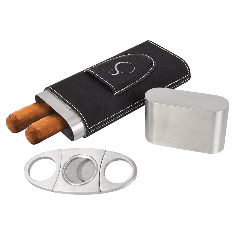 Black/Silver Leatherette Cigar Case with Cutter
