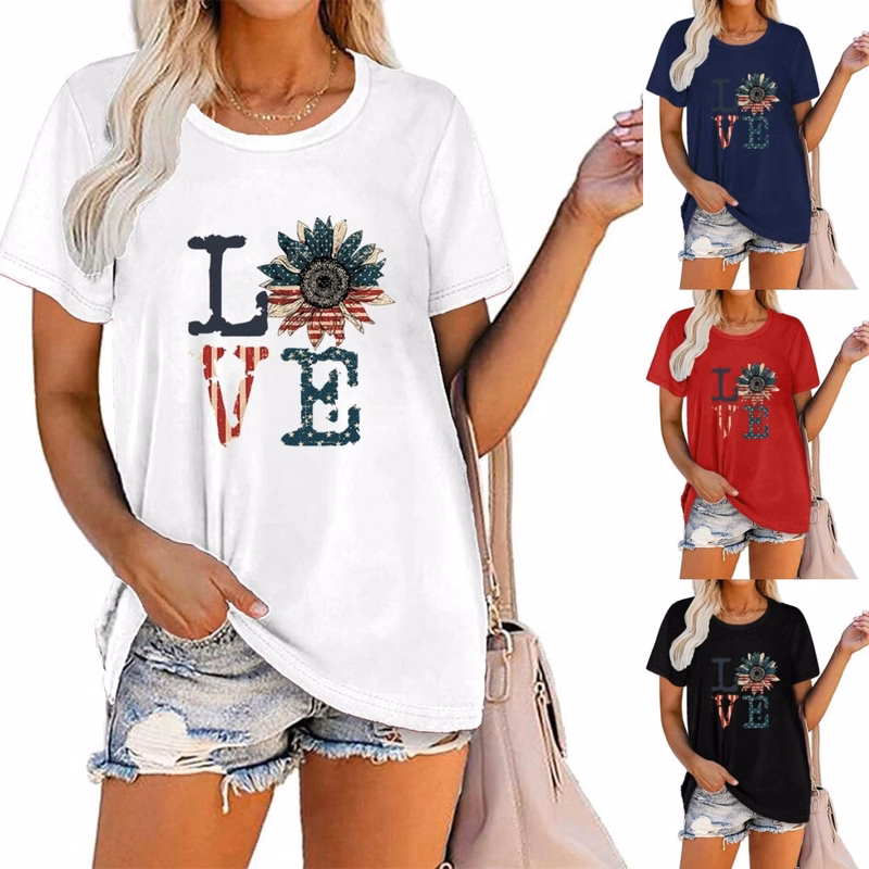 Women American Flag Graphic Short Sleeve Round Neck T-shirt