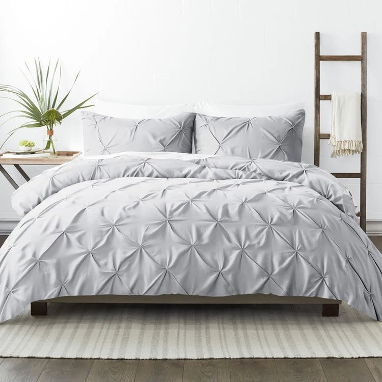 Pleated Duvet Cover Sets - Light Gray Full-Queen 3 Piece 1