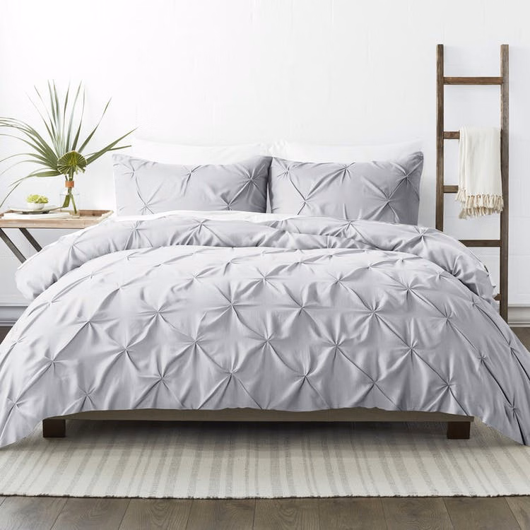 Pleated Duvet Cover Sets - Light Gray Full-Queen 3 Piece