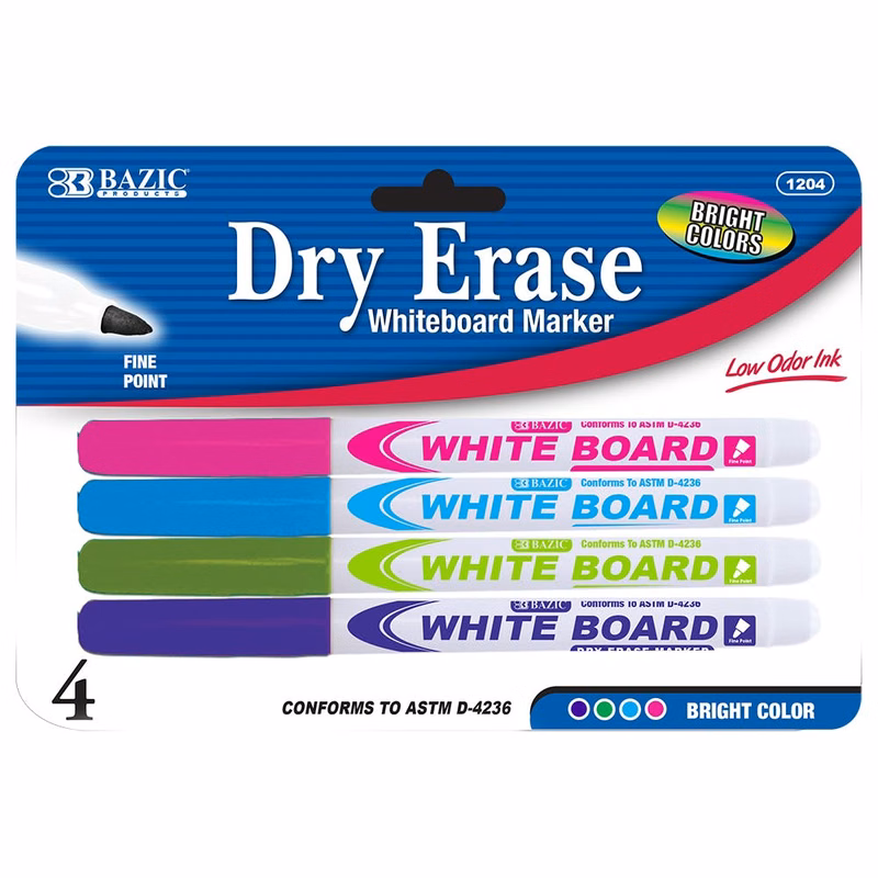 Dry-Erase Markers - 4 Pack Assorted Bright Colors