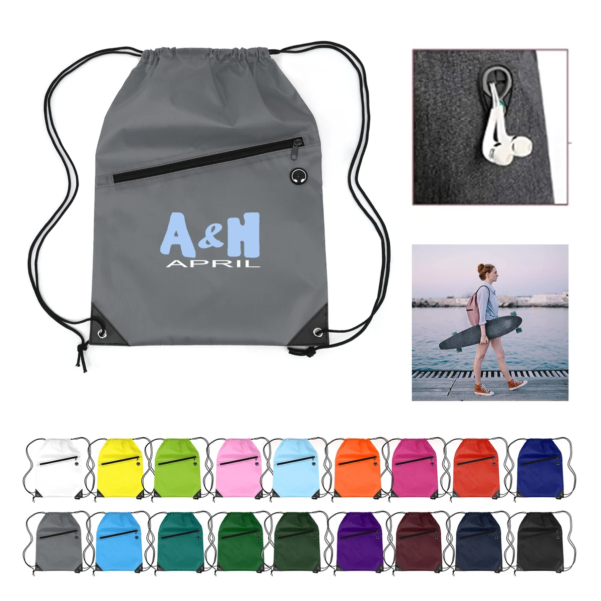Drawstring Backpack w/ Front Zipper Pocket 1