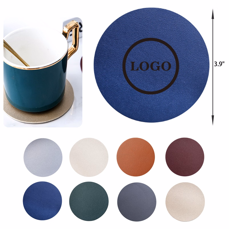 MOQ 50 PCS Waterproof Solid Color Round Leather Coaster
