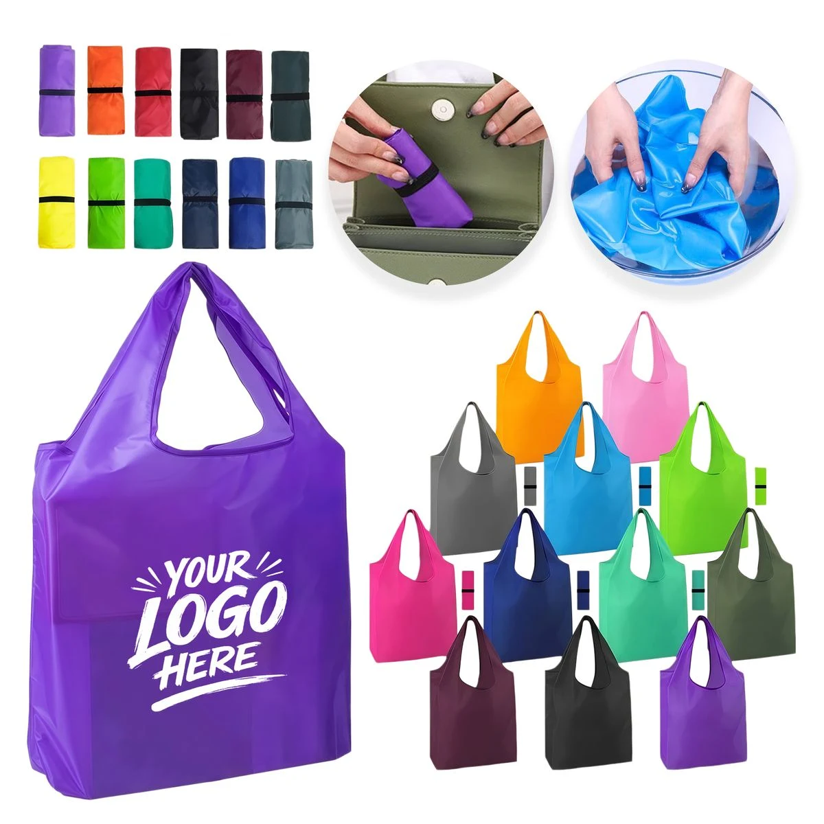 Foldable Polyester Shopping Tote With Pouch Elastic 1