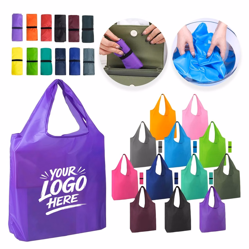 Foldable Polyester Shopping Tote With Pouch Elastic