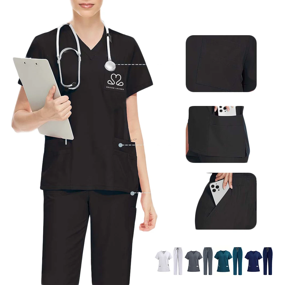 Unisex V-Neck Top Drawstring Pant Scrub Set 1