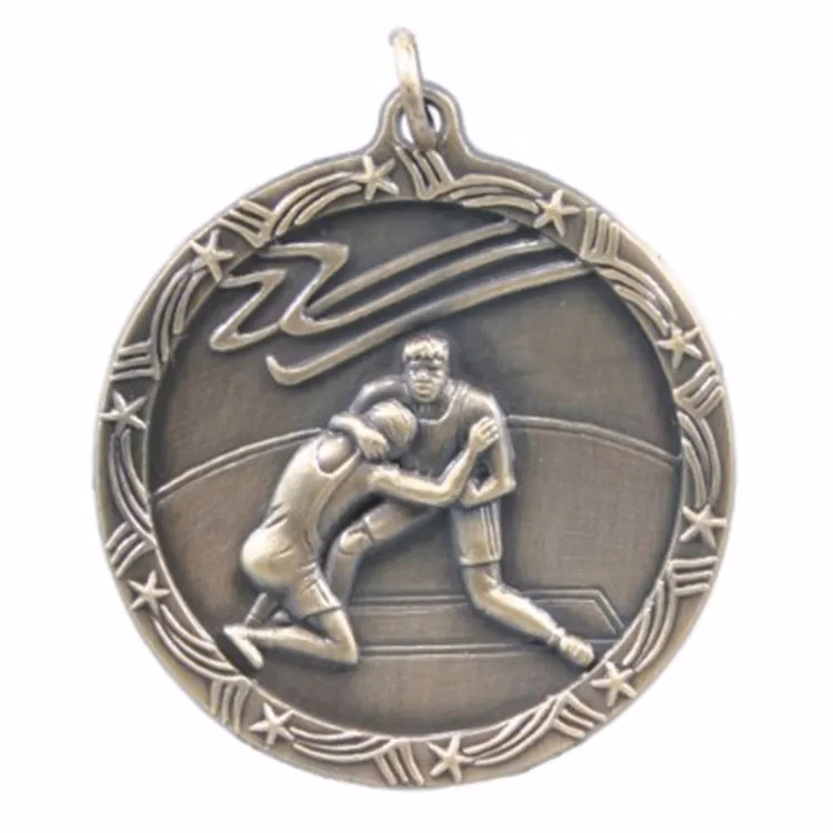 1 3/4" Antique Finish Shooting Star Medal-Wrestling