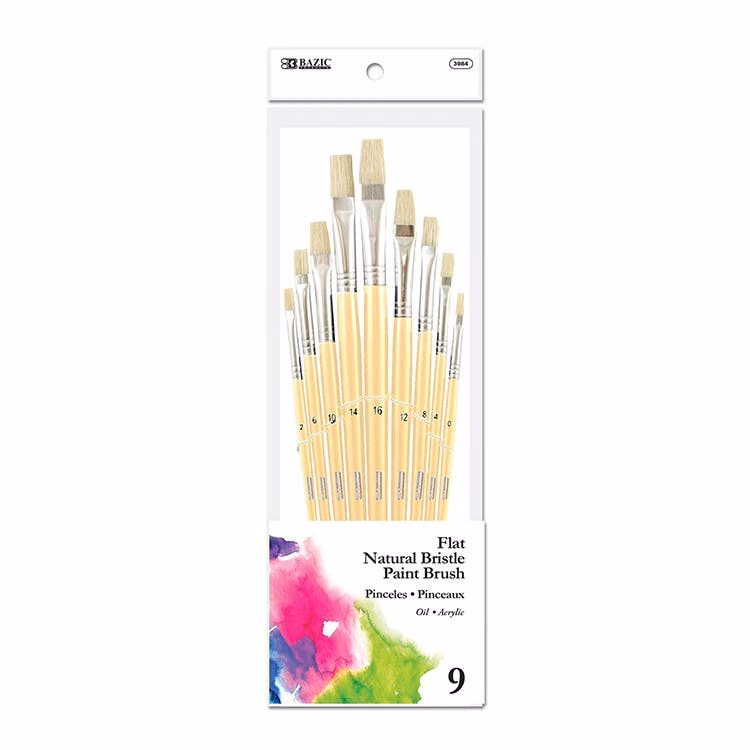 Paint Brushes - Flat Natural Bristle 9 Pack