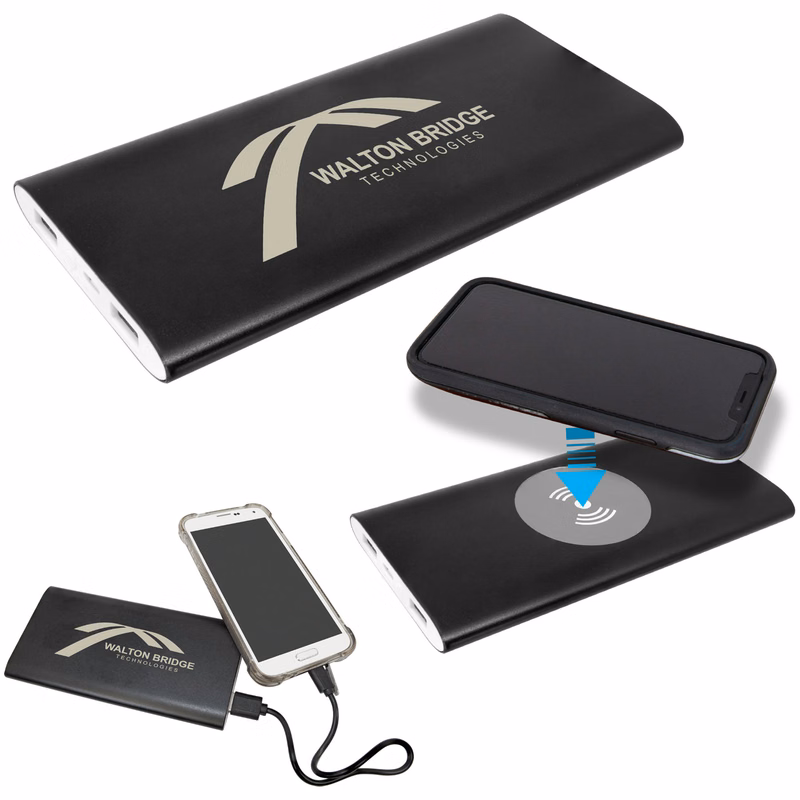 Black 8000MAH Power Bank & Wireless Anodized Aluminum Charger w/USB-C Power Cord