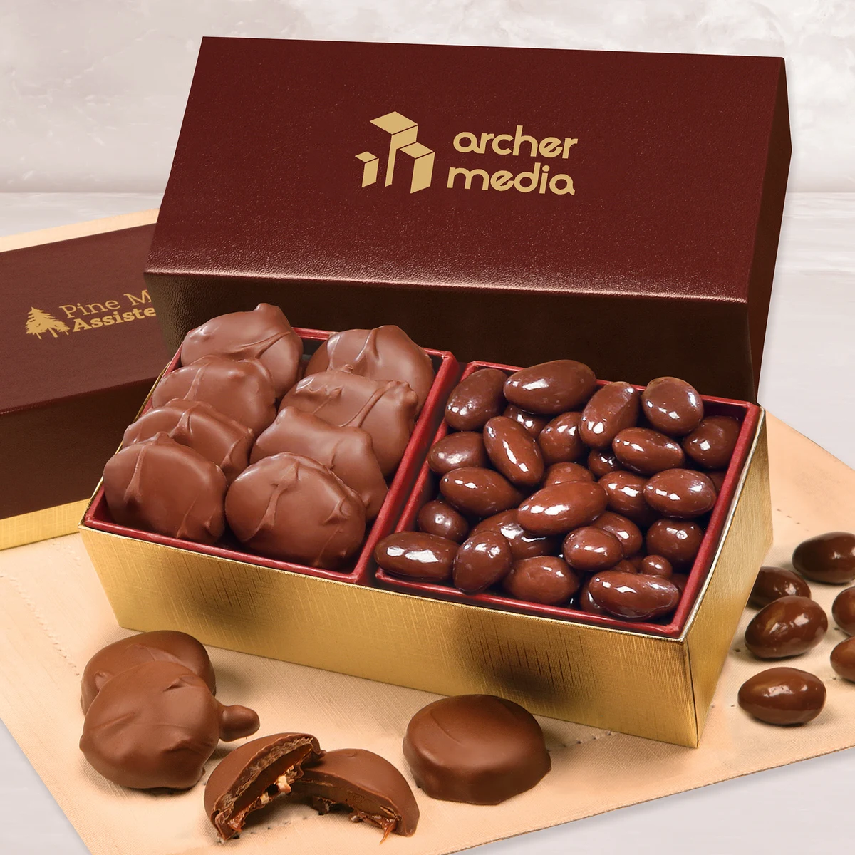 Caramel Pecan Clusters & Chocolate Almonds in Burgundy & Gold Gift Box 1
