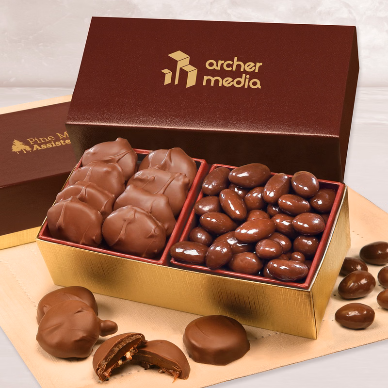 Caramel Pecan Clusters & Chocolate Almonds in Burgundy & Gold Gift Box