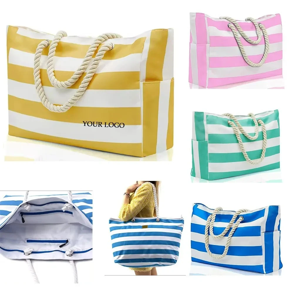 Canvas Striped Beach Tote Bag, custom tote bag with logo imprint 1