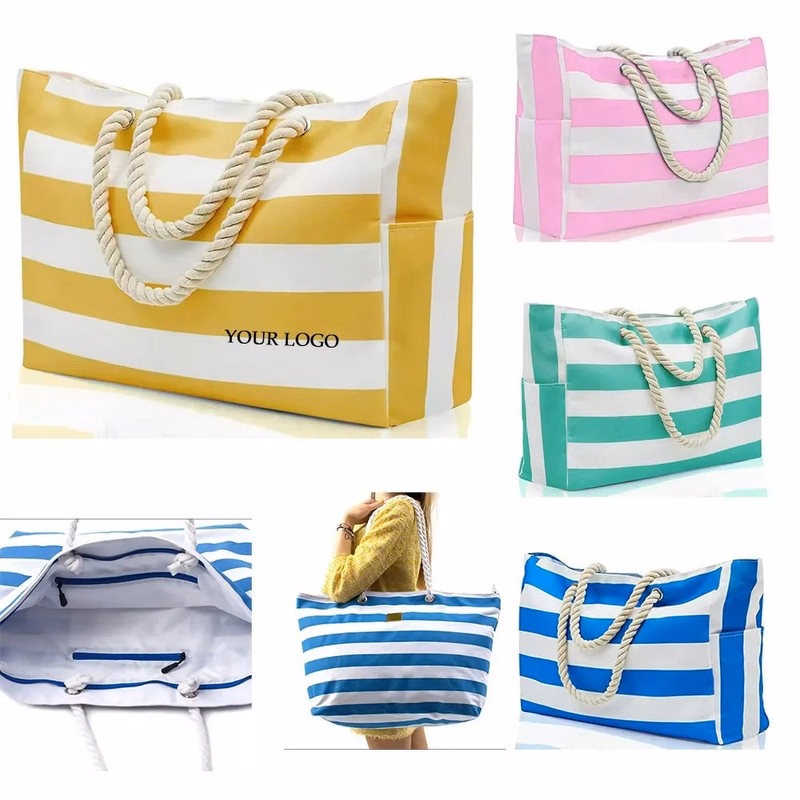 Canvas Striped Beach Tote Bag