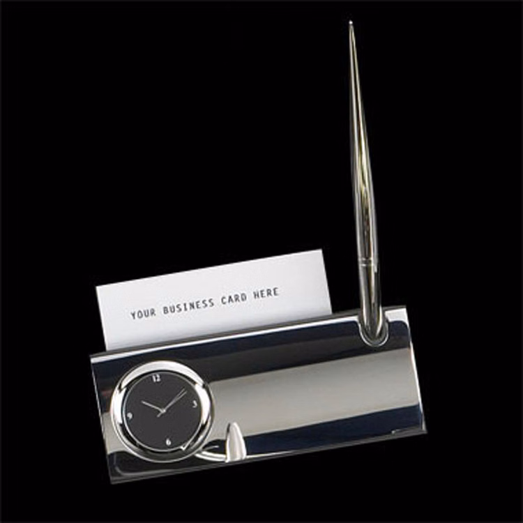 SILVER PLATED BUSINESS CARD HOLDER W/ CLOCK