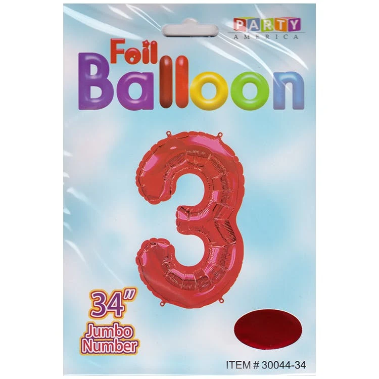 Mylar Number 3 Balloons - Red 34" 1