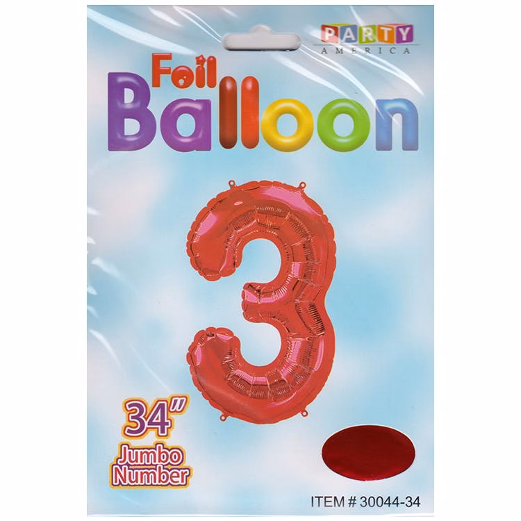 Mylar Number 3 Balloons - Red 34"