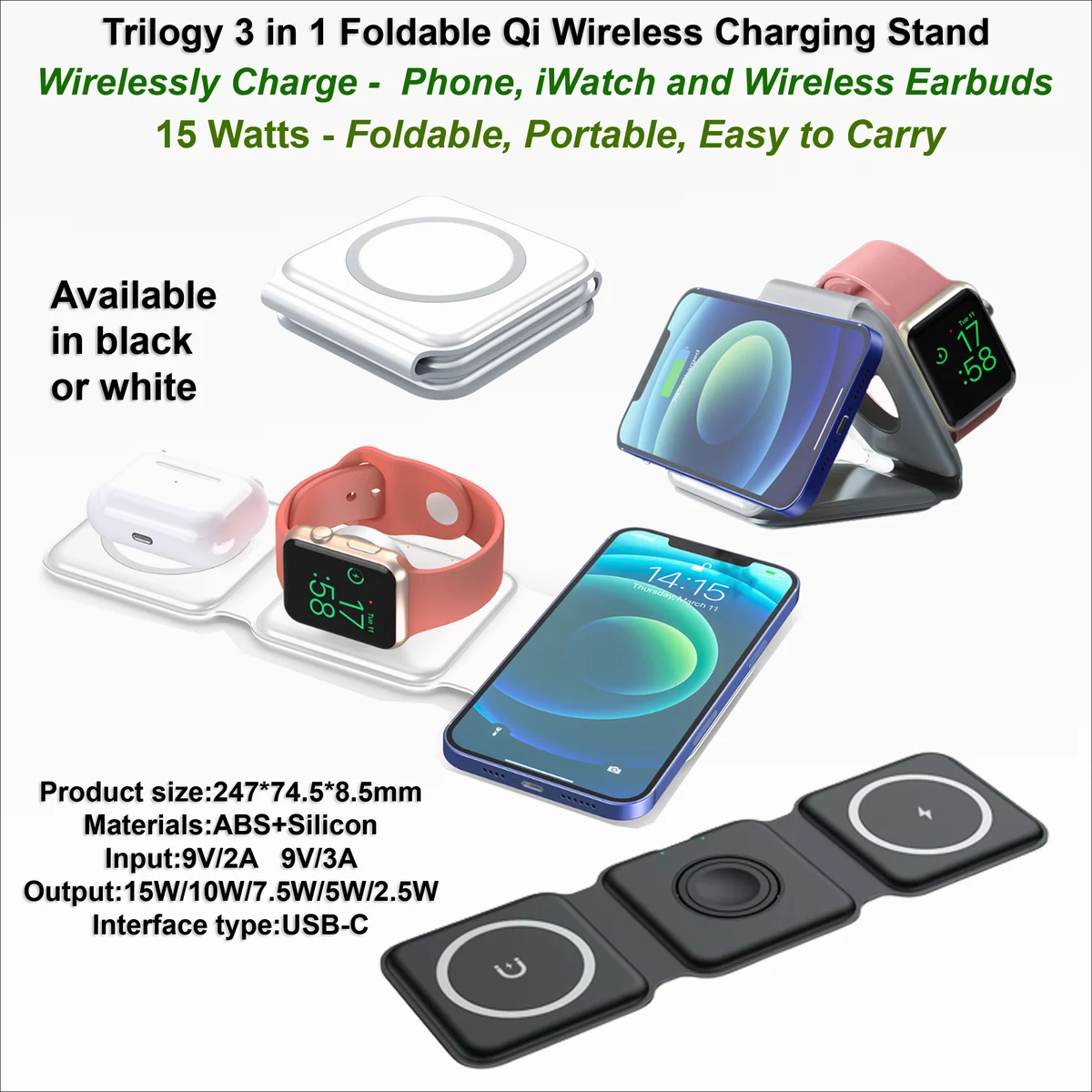 Trilogy 3 in 1 Foldable Qi Wireless Charging Stand - Mag Safe Compatible 1