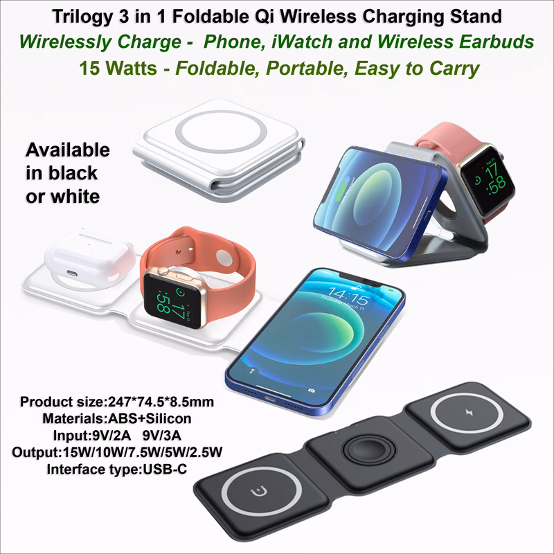 Trilogy 3 in 1 Foldable Qi Wireless Charging Stand - Mag Safe Compatible